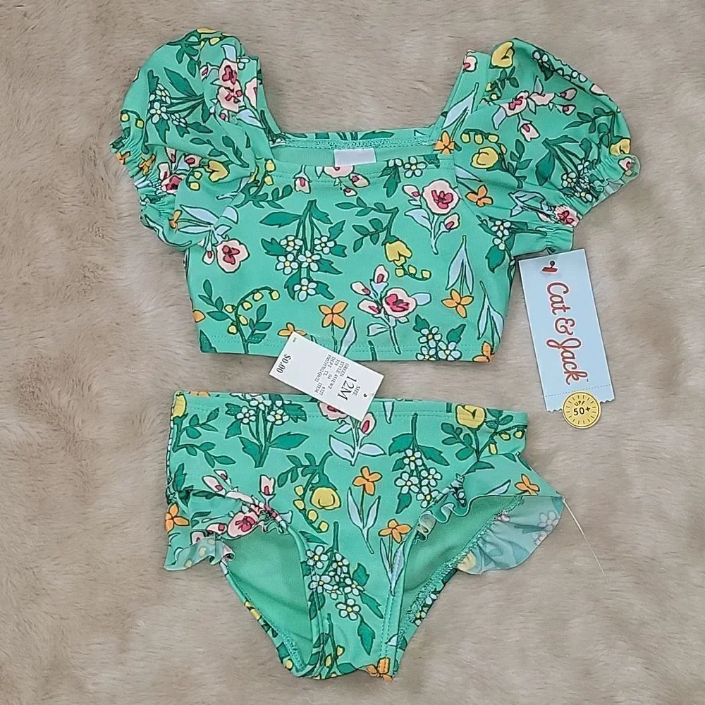 CAT & JACK 2-PIECE GREEN FLORAL SWIMSUIT, SIZE 12 MONTHS - NEW